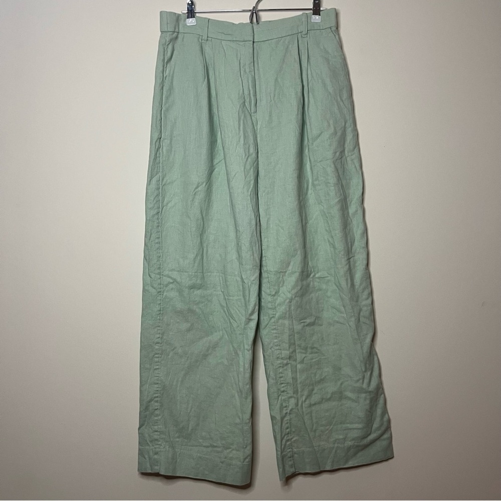 A+F Sloane Linen Blend Green Pleated Preppy Full Length Spring Summer Trousers